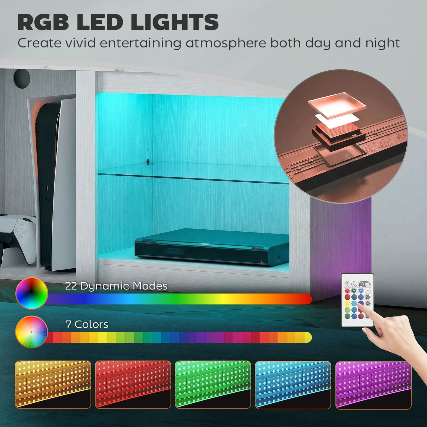 HOMCOM 70 Inch TV Stand With USB Powered RGB LED Lights And Ample White Storage With Five Compartments