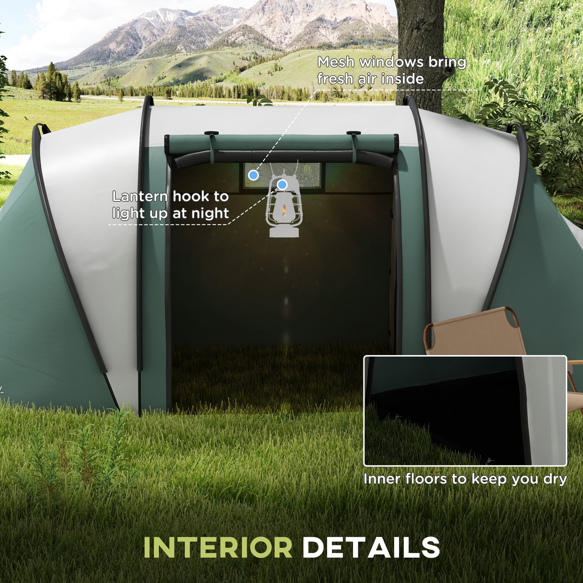 Outsunny Family Camping Tent with 2 Bedrooms and Living Area, 3000mm Waterproof, Ideal for Fishing, Hiking, and Festivals - Dark Green - ALL4U RETAILER LTD