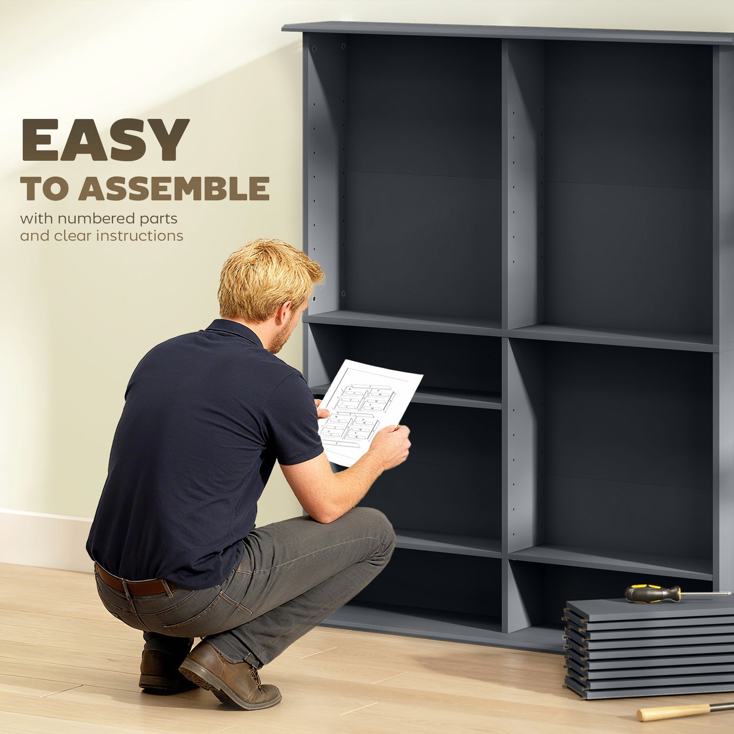 HOMCOM 16 Compartment Media Shelf Grey With 12 Adjustable Shelves Holds 720 CDs 396 DVDs Or Blu Rays Anti Tip Straps