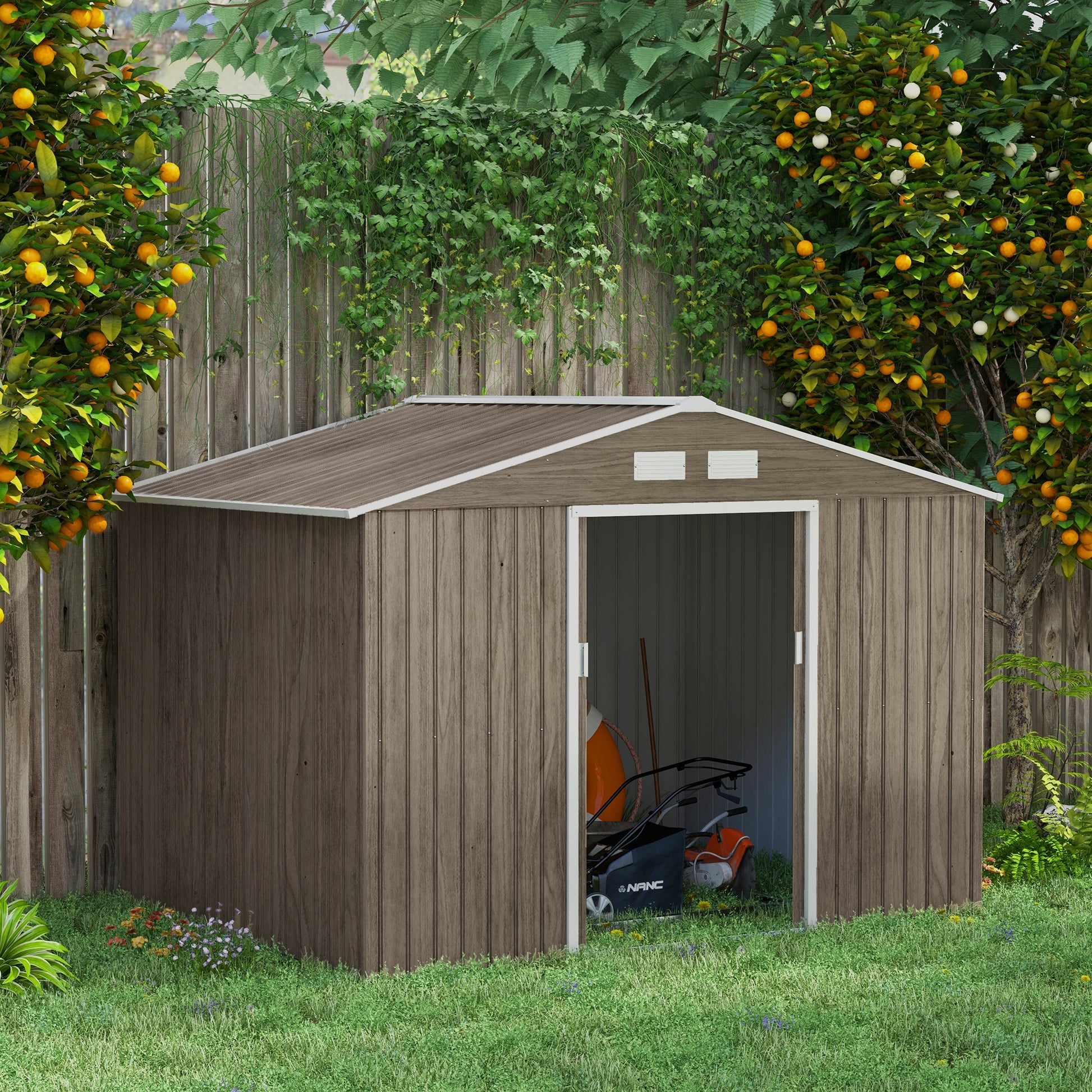 Outsunny 9x6ft Lockable Metal Garden Shed with Vents and Foundation Kit - Brown Outdoor Tool Storage - ALL4U RETAILER LTD