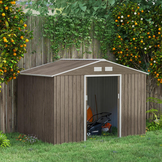 Outsunny 9 x 6ft Garden Metal Storage Shed, Outdoor Storage Tool House with Vents, Foundation and Lockable Double Doors, Brown - ALL4U RETAILER LTD