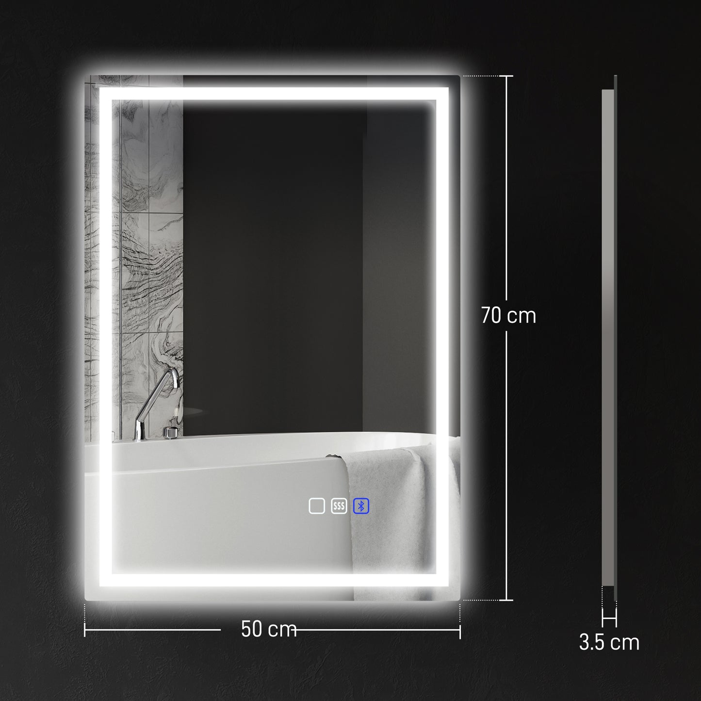 HOMCOM 70 x 50 cm Bluetooth Bathroom Mirror With 246 LED Edge Lighting Silver Tone