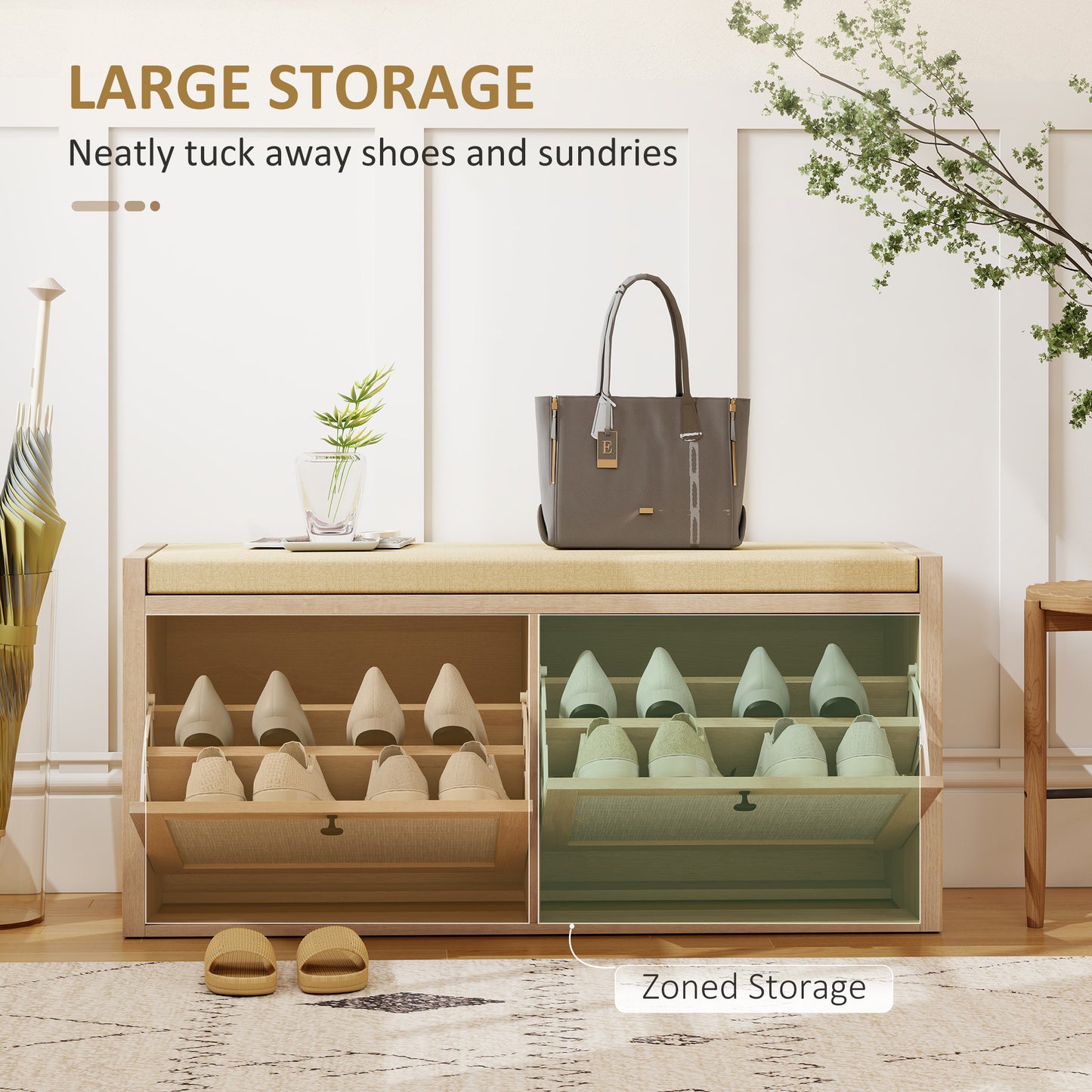 HOMCOM Rattan Shoe Bench With Padded Cushion And Hidden Storage Cabinets For Hallway In Oak Wood Effect