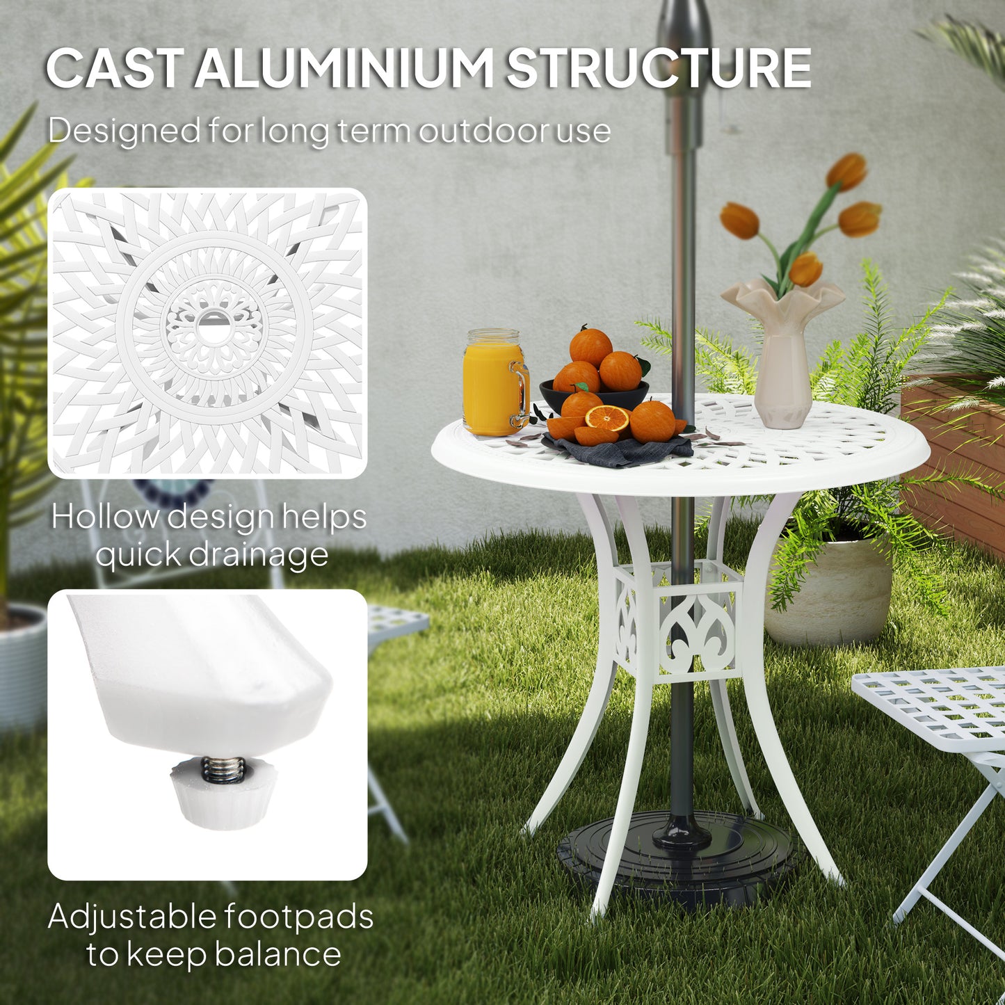 Outsunny 78 cm Round Garden Dining Table With Parasol Hole Cast Aluminium White Outdoor Table Only