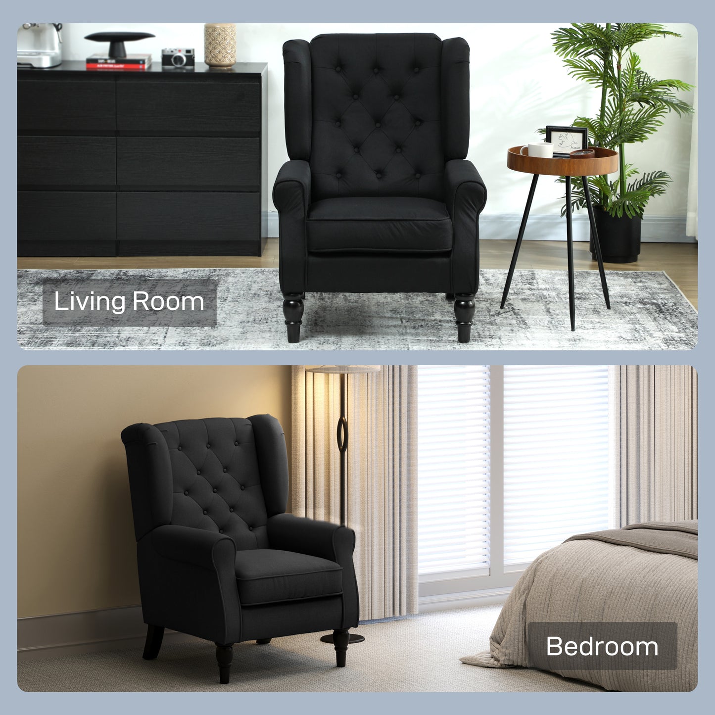 HOMCOM Retro Accent Chair Linen Wingback Armchair With Wood Frame Button Tufted Back For Living Room Bedroom Black