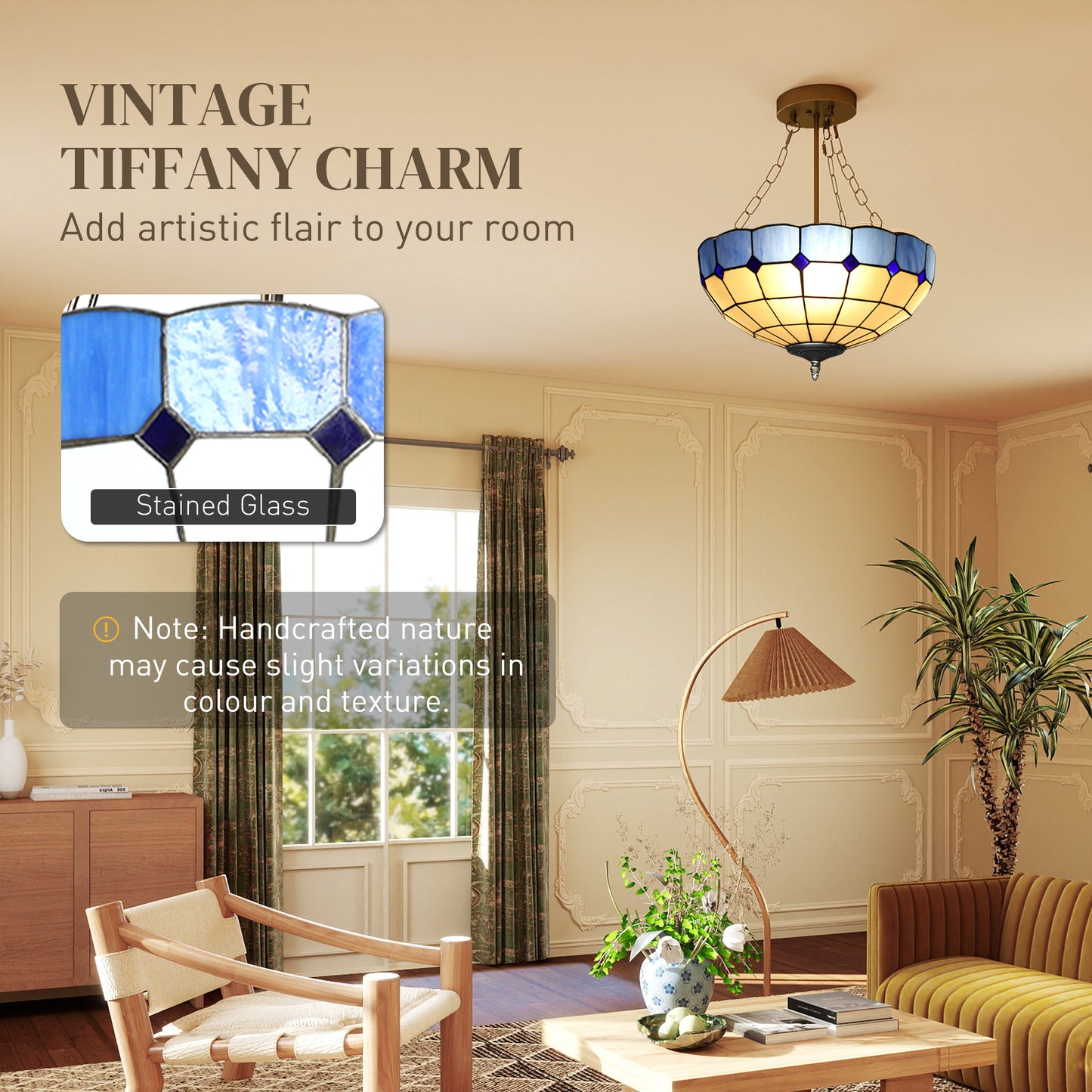 Homcom Tiffany Style Ceiling Light Vintage Chandelier With 3 E27 Sockets Semi Flush Mount For Living Room