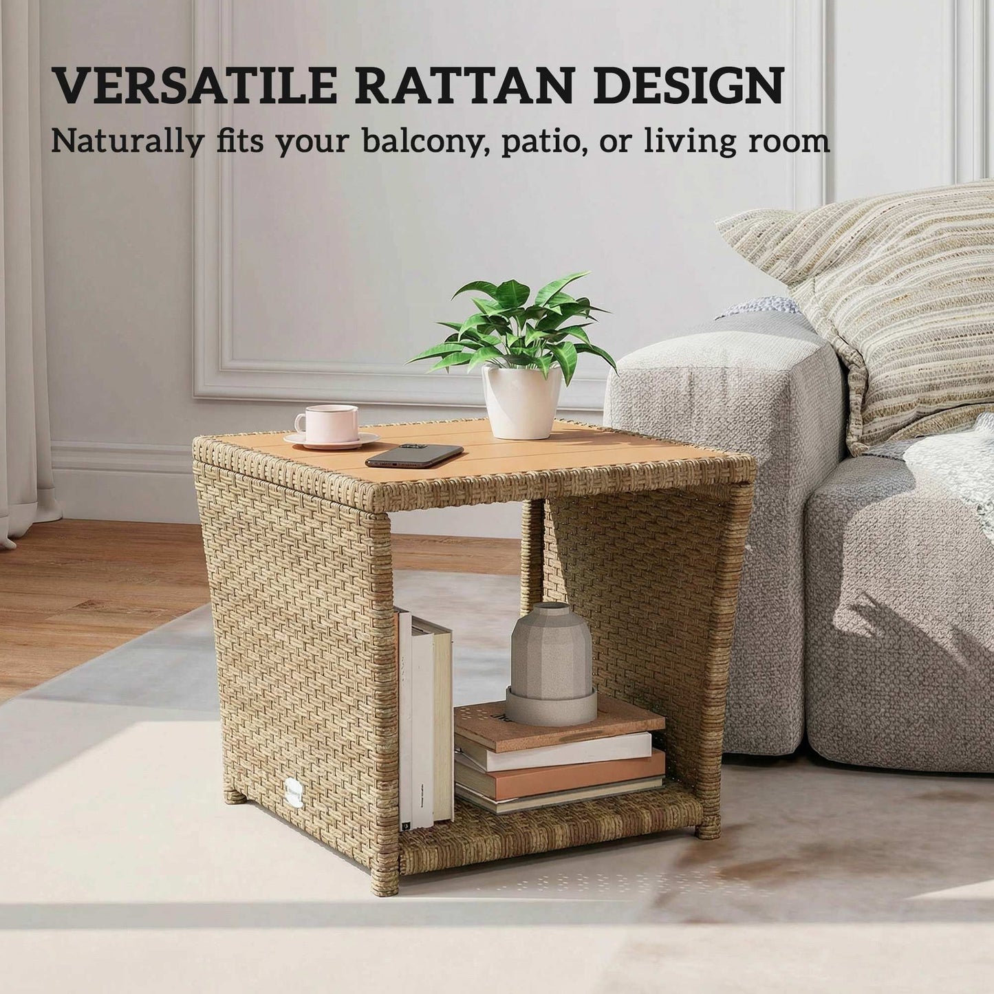 Outsunny Side Table 2 Tier Outdoor Coffee Table With Storage Shelf PS Wood Slat Top Khaki