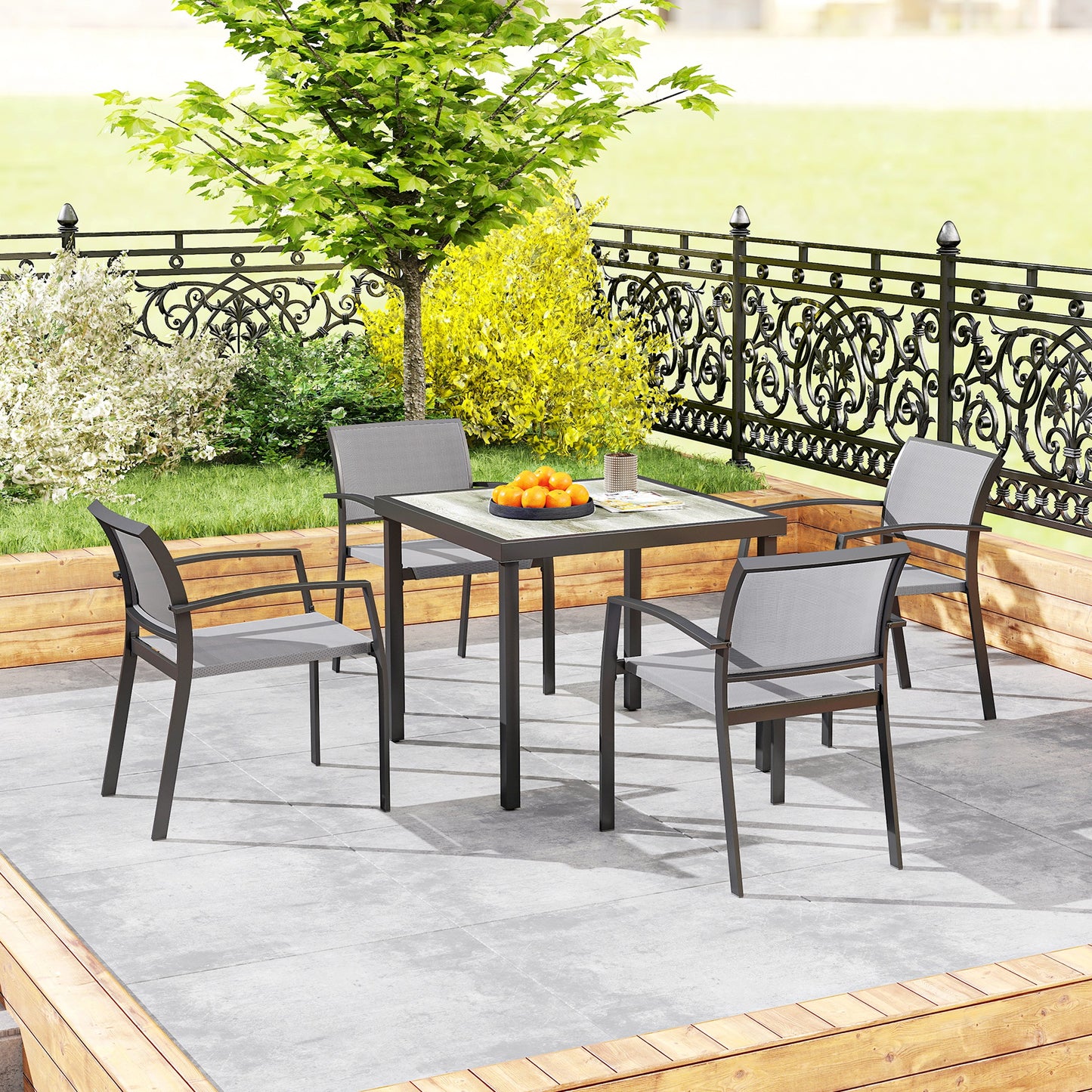 Outsunny Five Piece Outdoor Garden Dining Set With Texteline Chairs Four Stackable In Grey