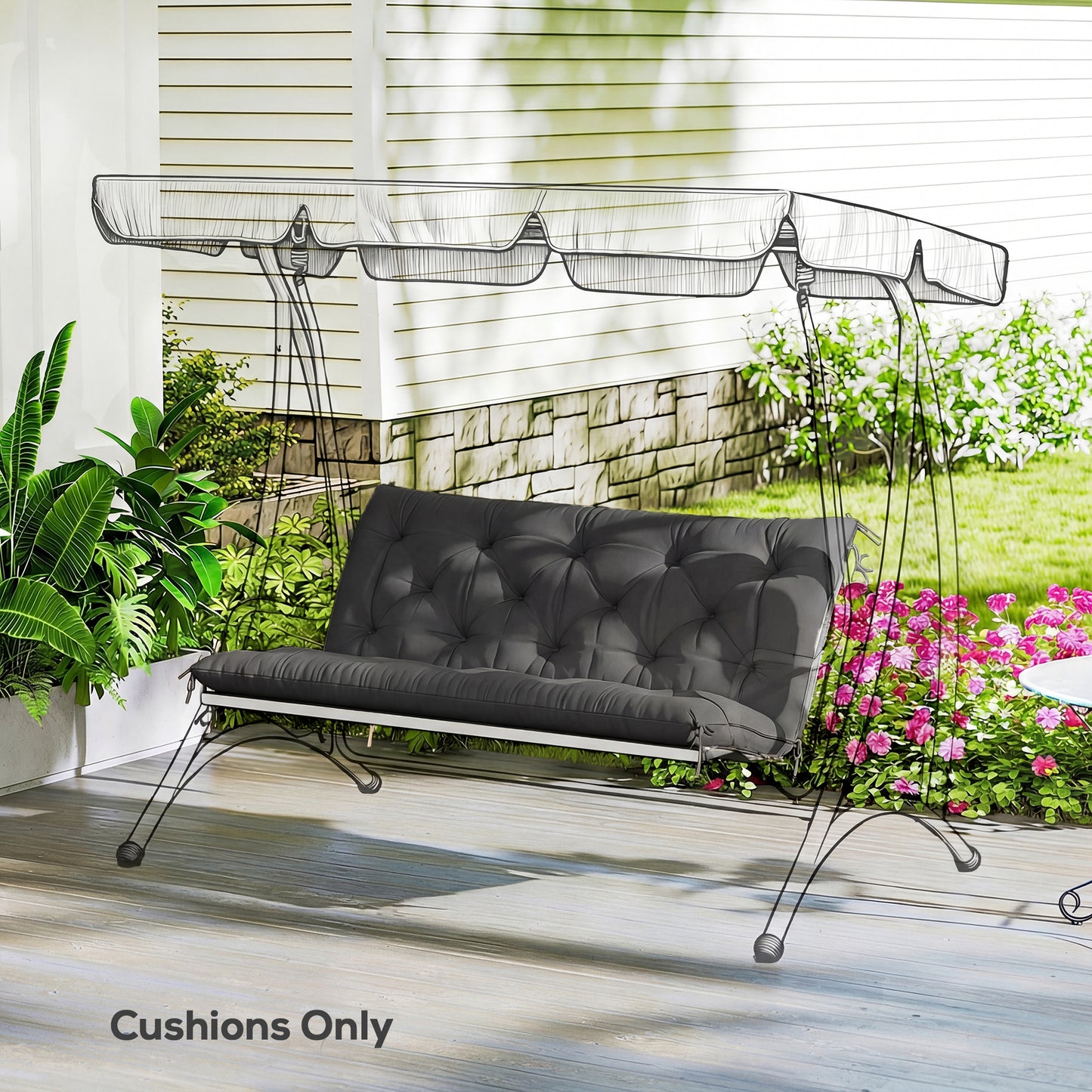 Outsunny 110 X 120 Cm Black Garden Bench Cushion For 2 Seater Swing Chair Indoor Outdoor Use With Ties