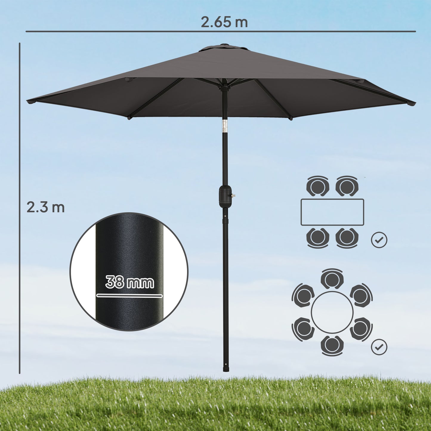 Outsunny 2.6 Meter Garden Parasol Umbrella With Aluminium Pole Outdoor Patio Tilt And Crank Vent Black