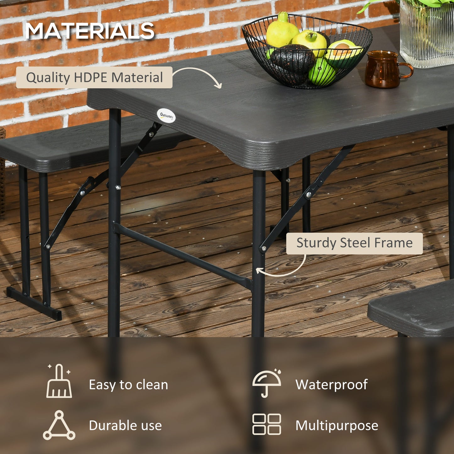 Outsunny Folding Picnic Table with 2 Benches 3 Piece Outdoor Dining Set for 4 Plastic Top Steel Frame Dark Grey