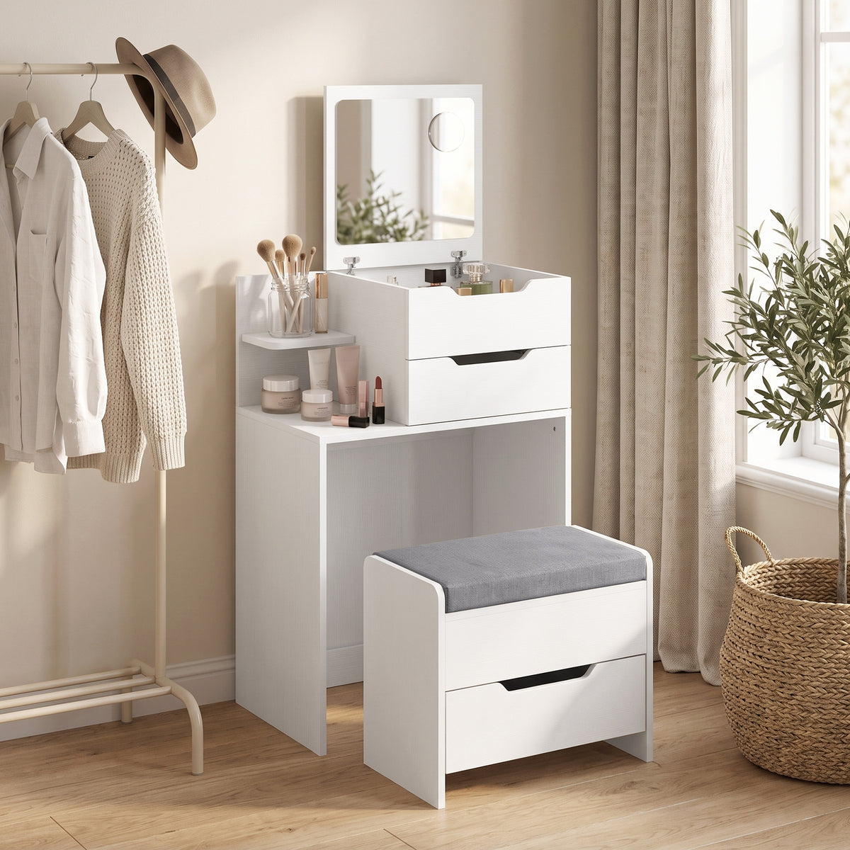 White vanity desk with flip-top mirror, drawers, and gray padded stool.