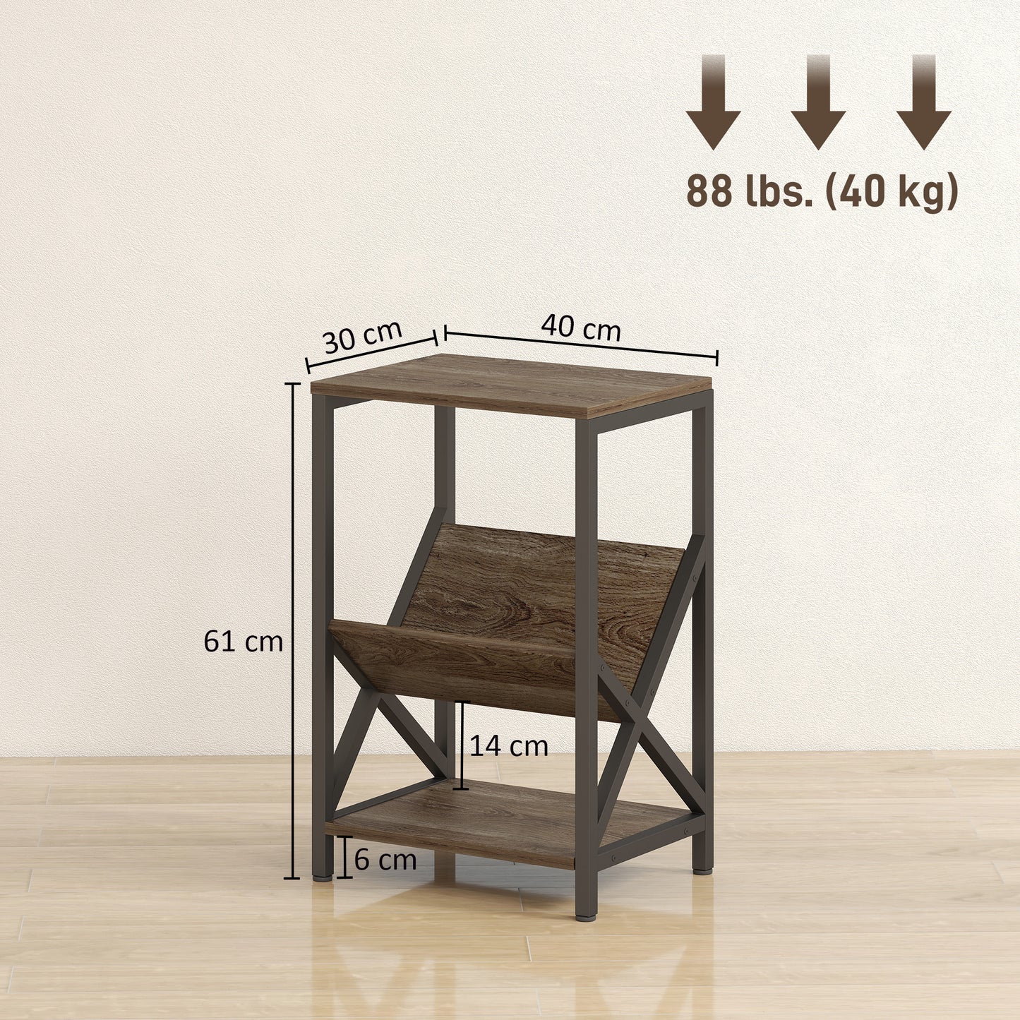 HOMCOM Narrow Side Table With 3 Tier Storage V Shaped Magazine Holder Oak Wood Effect Finish And Black Steel Frame