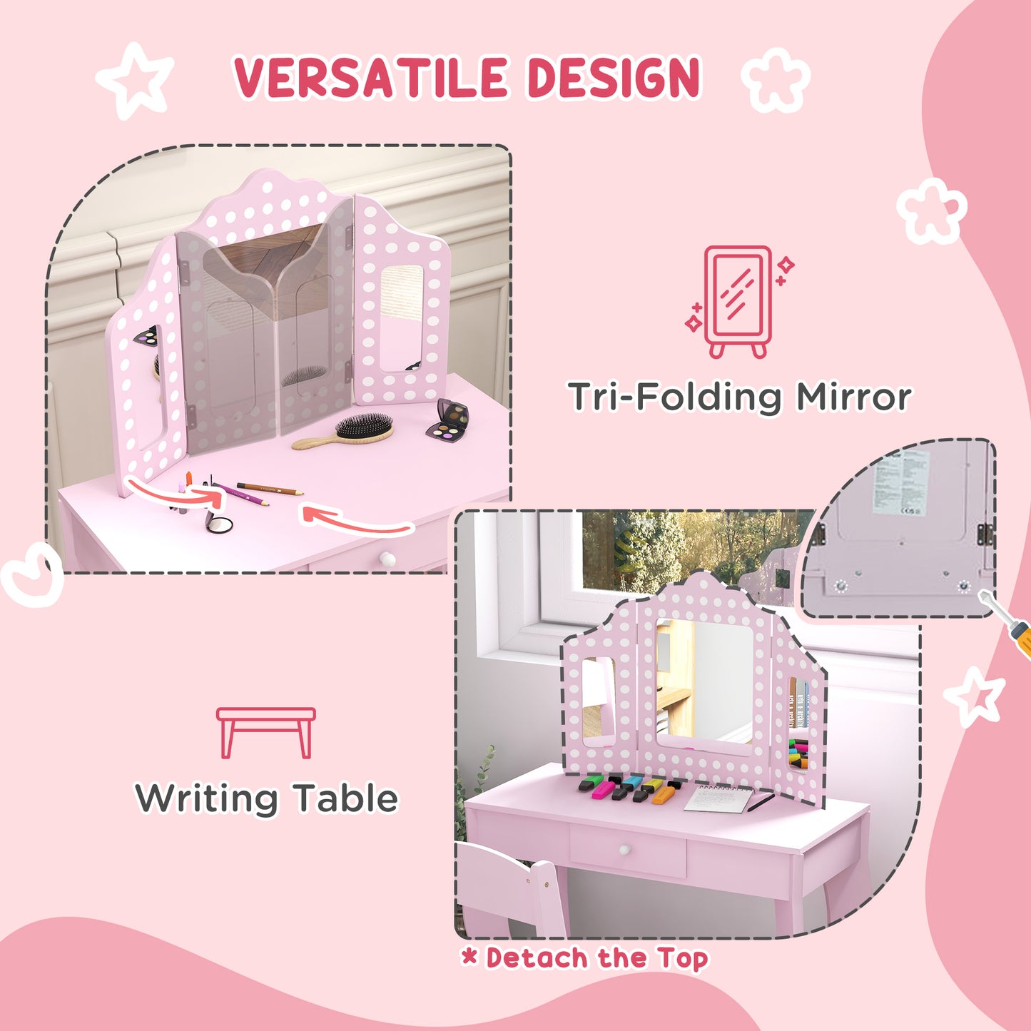 AIYAPLAY Pink Kids Vanity Set with Stool & Tri-Fold Mirror - Perfect for Playrooms & Bedrooms - ALL4U RETAILER LTD