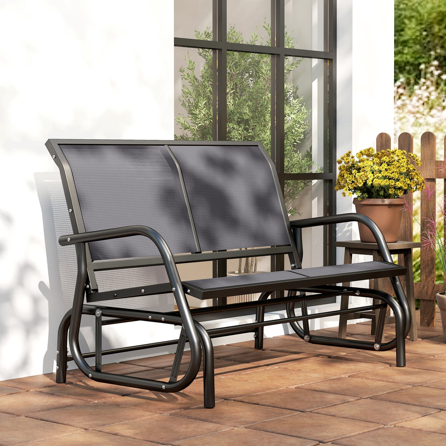 Outsunny Two Person Outdoor Glider Bench Patio Swing Loveseat With Powder Coated Steel Frame Grey