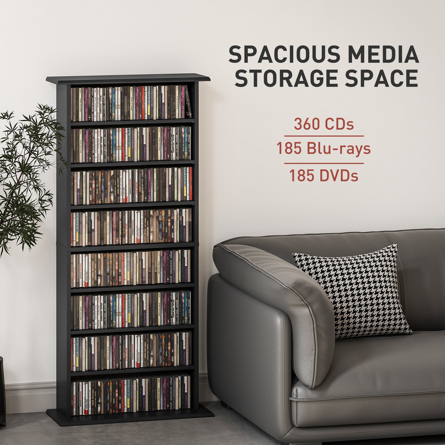 Homcom 360 CD Storage Unit Black With 6 Adjustable Shelves Holds 360 CDs 185 DVDs Blu Rays Wall Anti Tip Straps