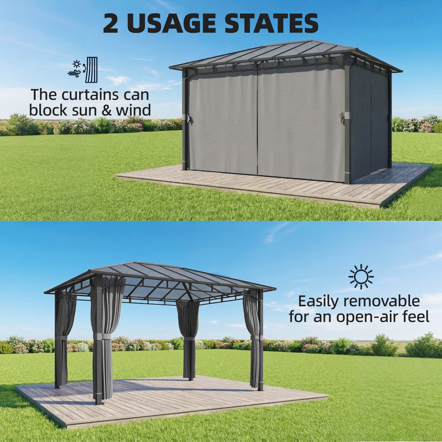 Outsunny 3 x 4 m Outdoor Hardtop Gazebo With Polycarbonate Roof Aluminum Permanent Pavilion With Curtains Dark Grey