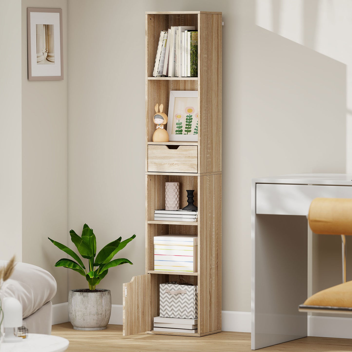 HOMCOM Six Tier Tall Narrow Bookcase With Drawer And Door Natural Wood Finish Durable Storage