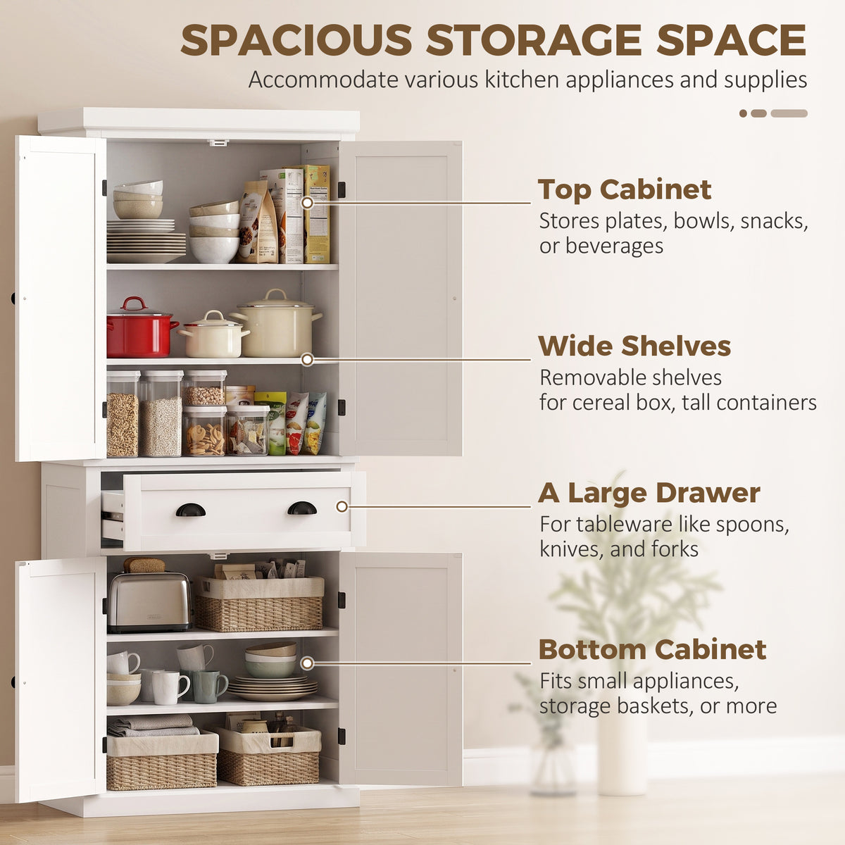 Homcom Tall Kitchen Pantry Cupboard Storage Unit With 4 Doors In White