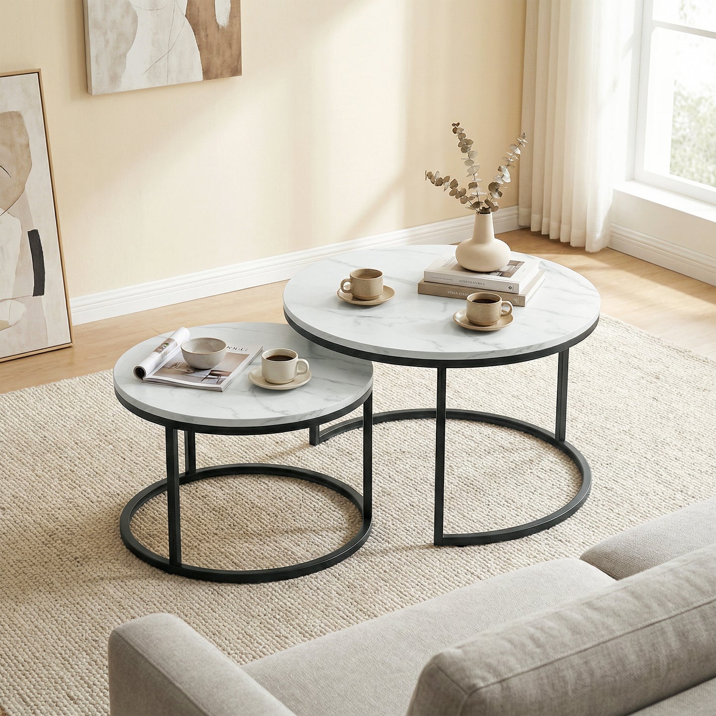 HOMCOM Marble Effect Stacking Tables Set Of Two White With Steel Bases For Space Saving Overlapping Design