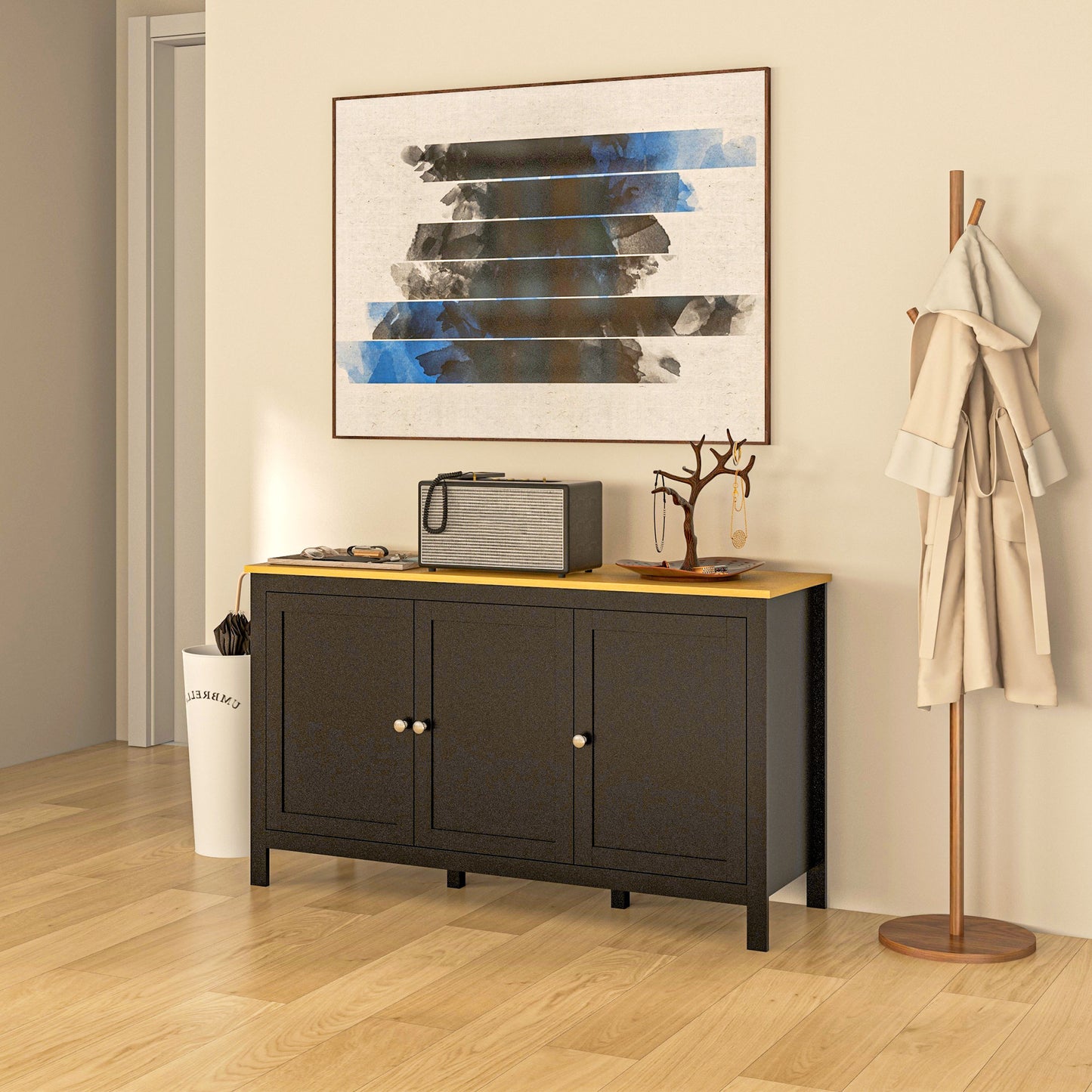 HOMCOM Sideboard Buffet Cabinet With Doors And Adjustable Shelves Black And Natural Wood Finish