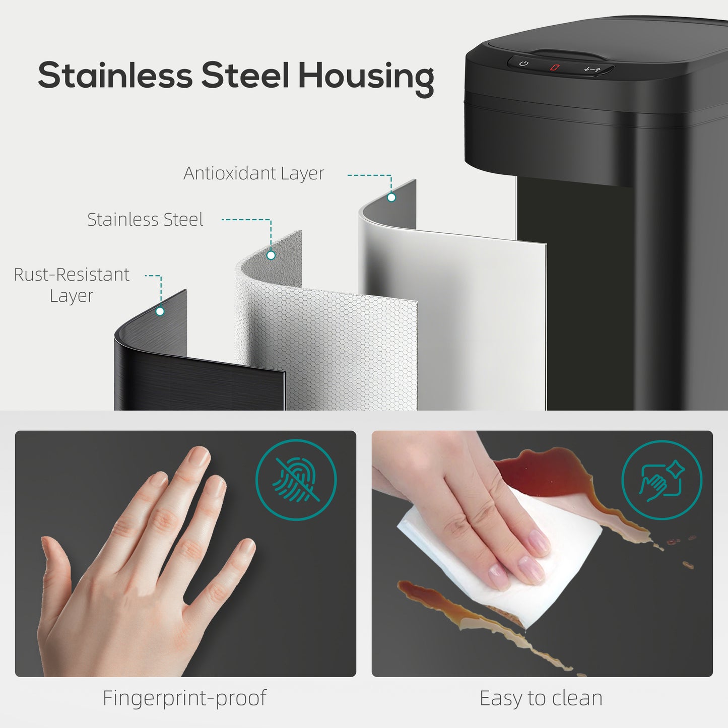 HOMCOM 12L Sensor Bin Automatic Touchless Motion Sensor Kitchen Bin in Fingerprint Resistant Stainless Steel Black