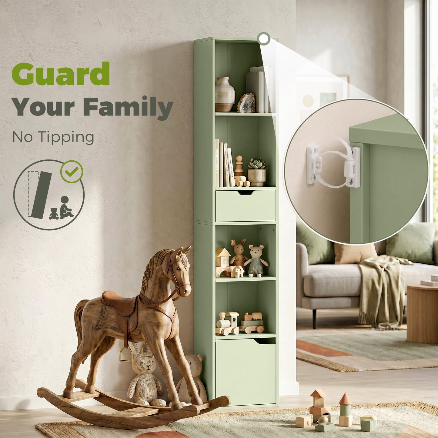 HOMCOM Six Tier Tall Narrow Bookcase With Drawer And Door Green For Clutter Free Living Room Home Office Storage