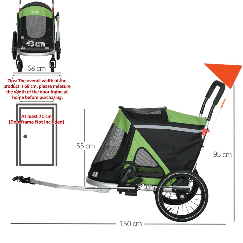 PawHut 2-in-1 Aluminum Foldable Dog Bike Trailer and Pet Stroller for Medium Dogs - Green - ALL4U RETAILER LTD