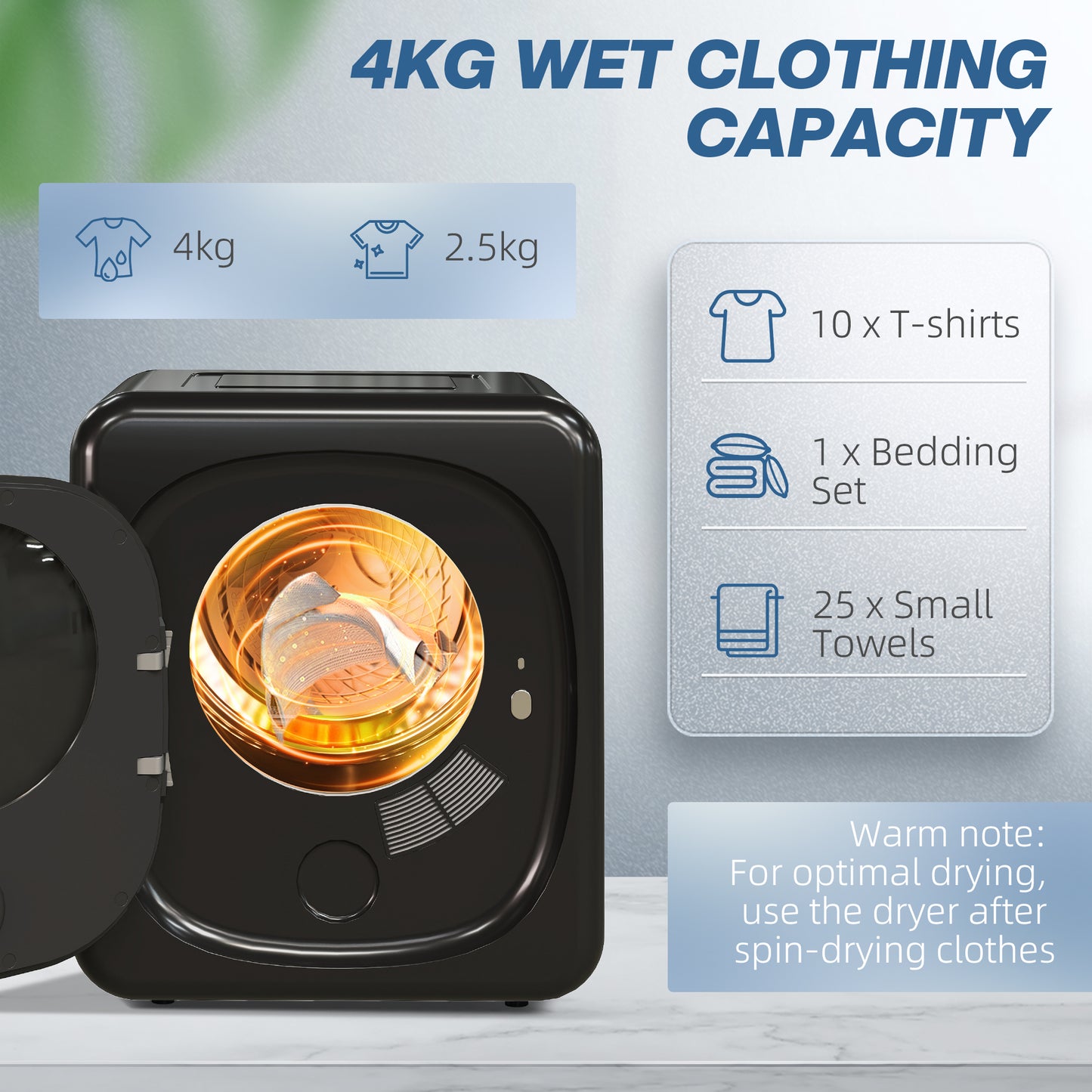 HOMCOM 4kg Vented Tumble Dryer with Deodorize Smart Mode 800W Compact Front Load for Home and RVs Black
