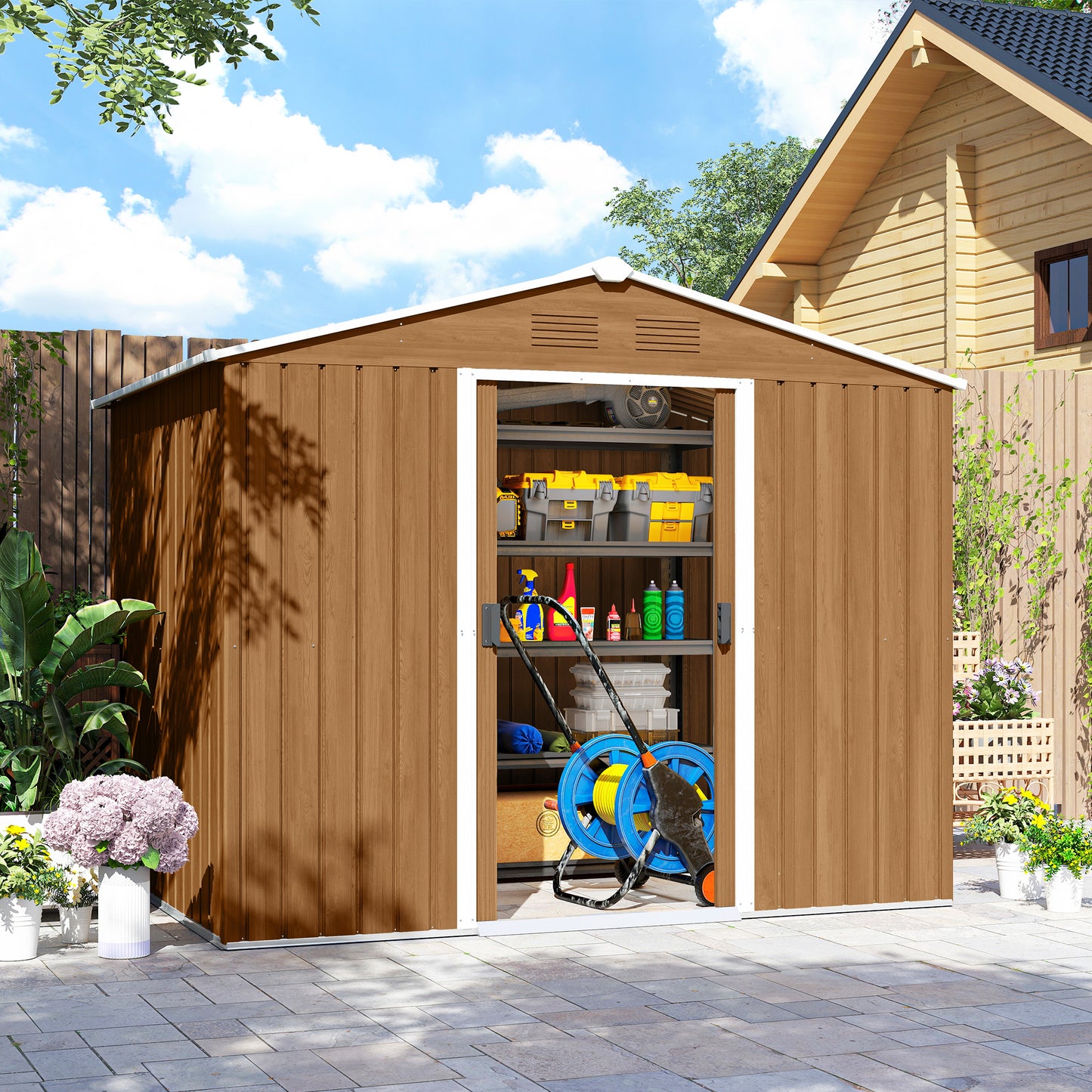 Outsunny 8x6ft Galvanised Steel Shed With Double Doors Brown Garden Tool Storage Weatherproof