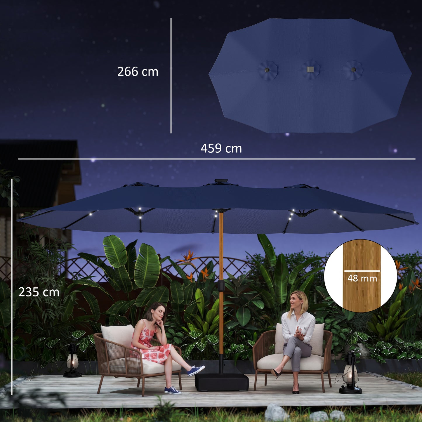 Outsunny Double Sided Garden Parasol With Base Included 48 Solar LED Lights Patio Umbrella Crank Handle 4.6m Dark Blue