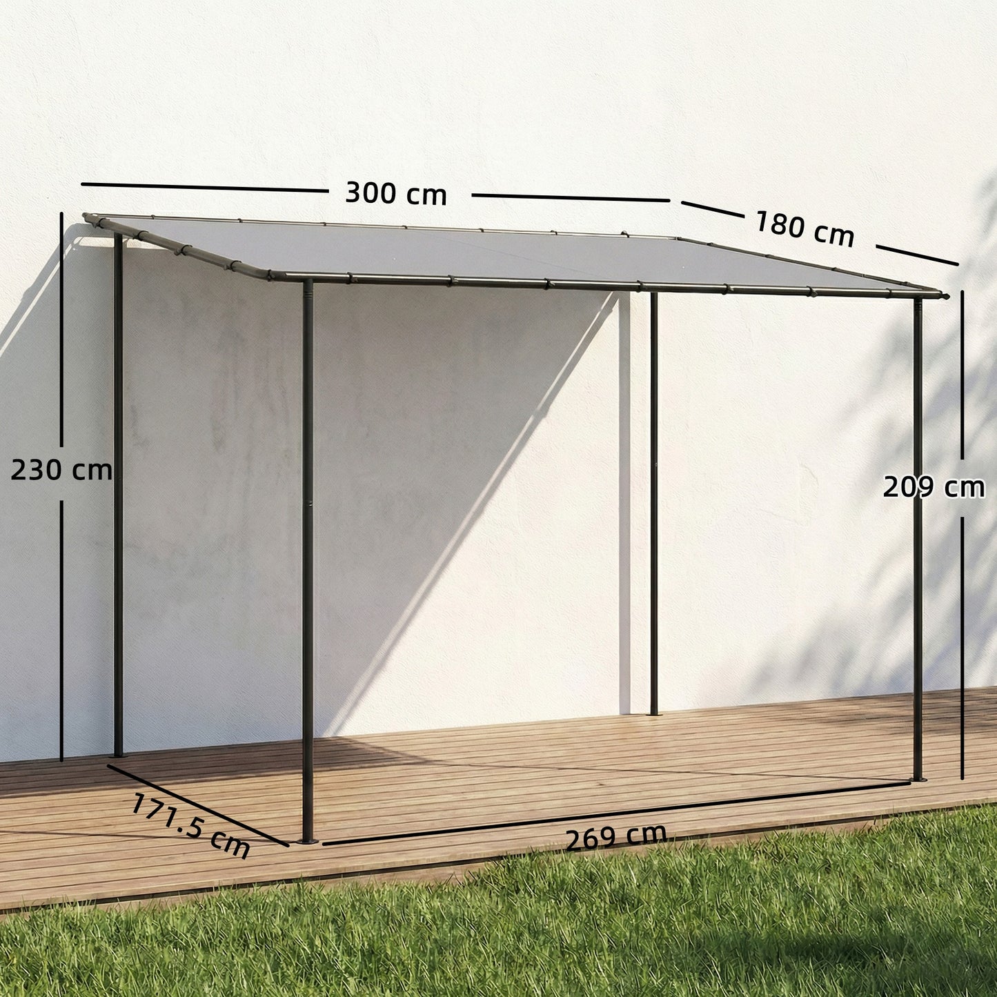Outsunny 3 x 2 m Lean To Garden Pergola With Metal Frame Gazebo Sloped Roof UPF 30 Protection Drainage Holes Grey