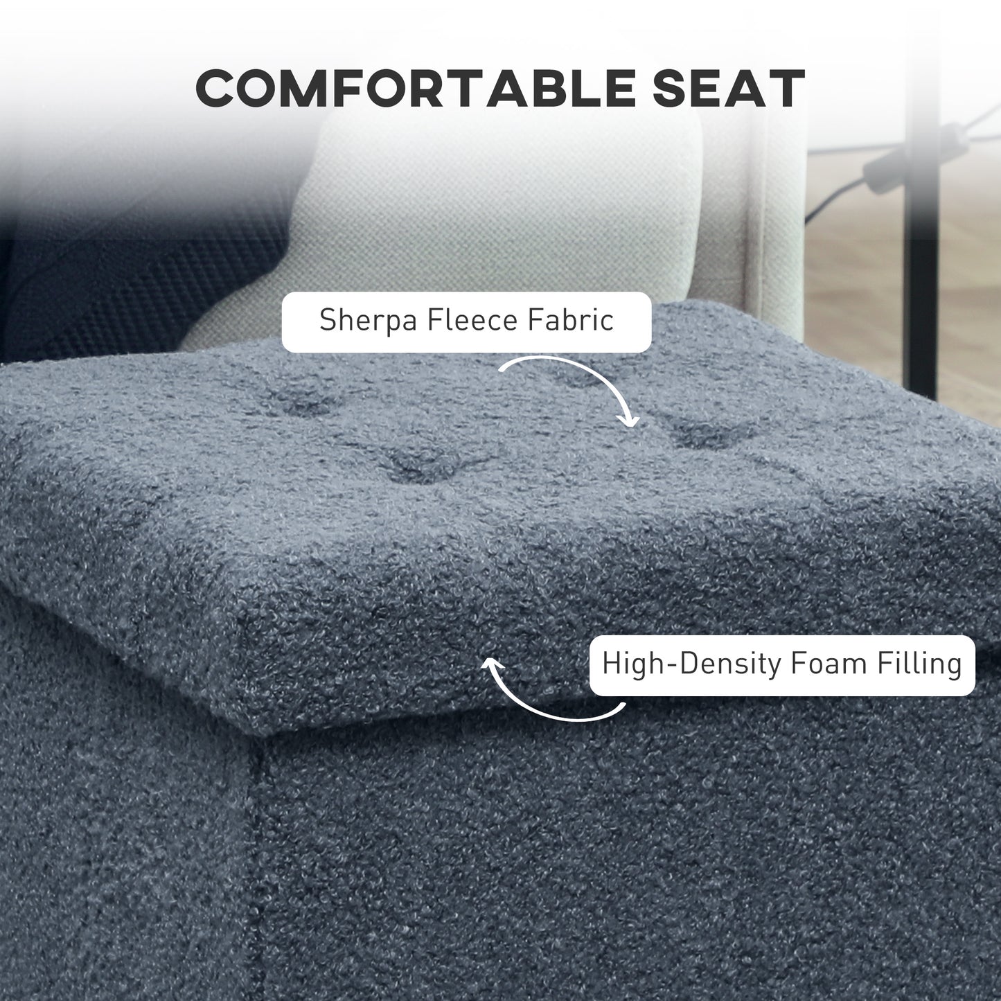 HOMCOM Foldable Sherpa Fleece Storage Ottoman Blue With High Density Foam For Space Saving Living Room Organization