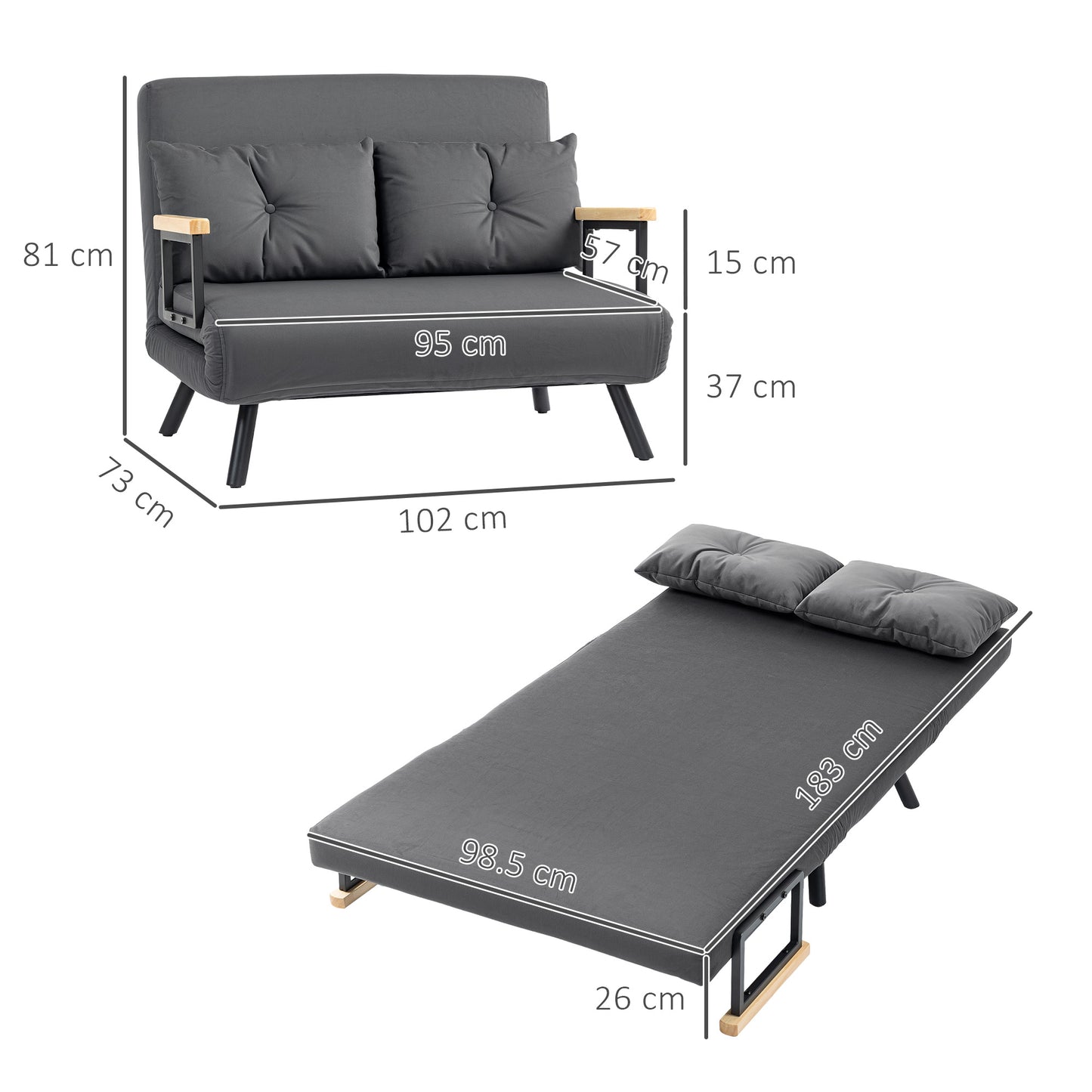 HOMCOM 4 In 1 Velvet Feel Double Sofa Bed With Pillows Dark Grey Perfect For Living Rooms And Guest Rooms