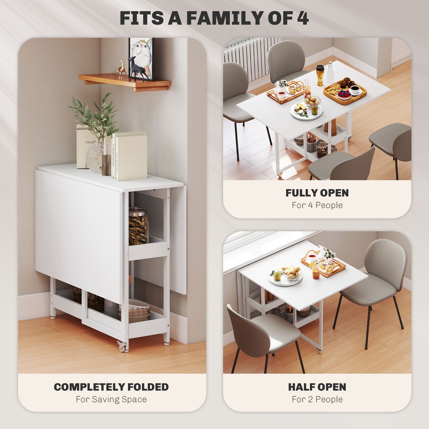 HOMCOM Four Person Drop Leaf Dining Table In White With Metal Frame And Sturdy Particle Board Panels