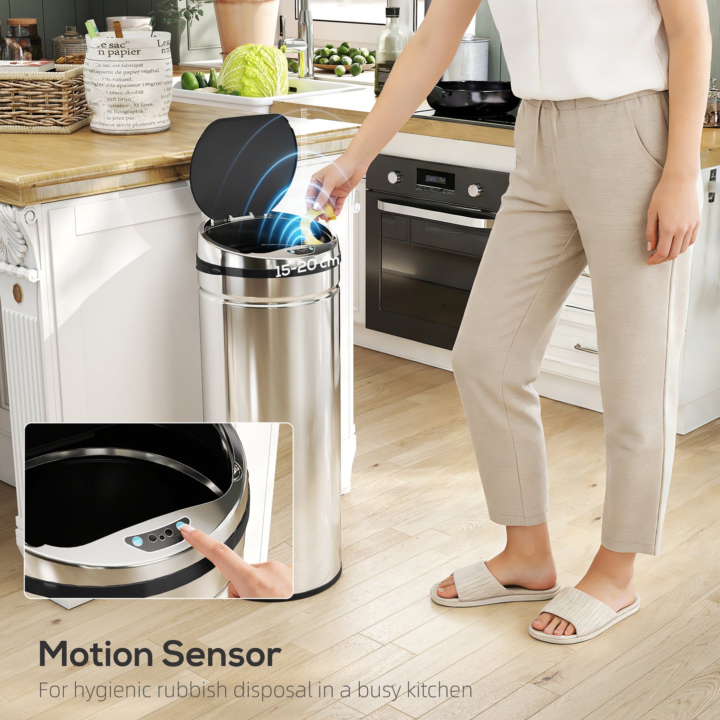 HOMCOM 50L Stainless Steel Trash Bin With Touchless Motion Sensor And Soft Close Lid Removable Inner Bucket
