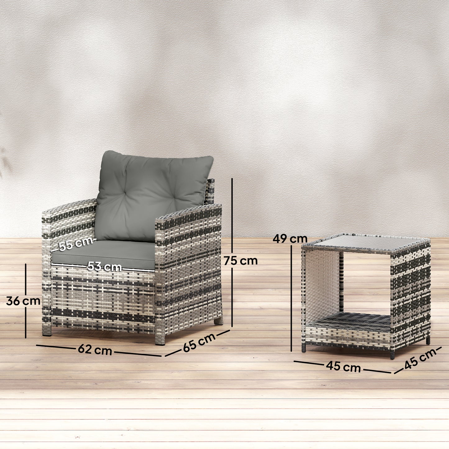 Outsunny Rattan Bistro Set 3 Piece Garden Furniture With 2 Tier Glass Top Table And Cushions Mixed Grey