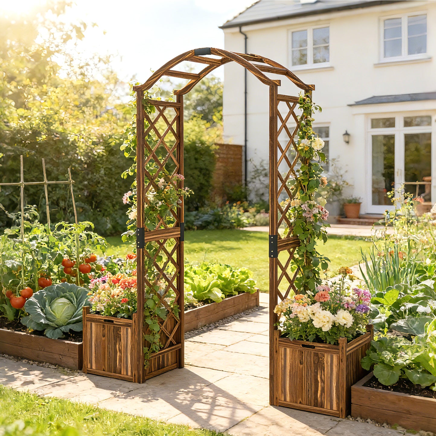 Outsunny Wooden Garden Arch With Two Planter Boxes Outdoor Rose Arch Trellis For Climbing Vines Carbonised Finish