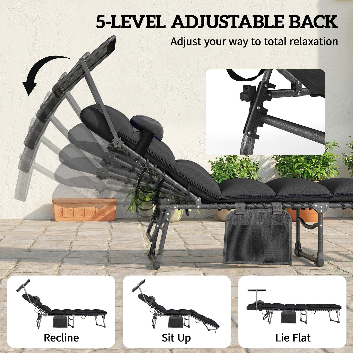 Outsunny Folding Sun Loungers Set of 2 with Canopy, Reclining Sunbeds, Cushions, Side Pockets, Carrying Handles, Black