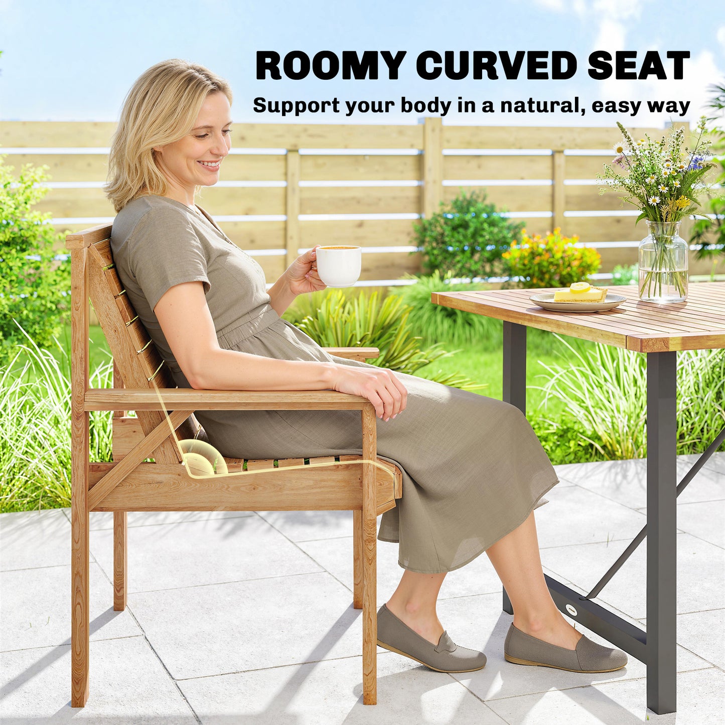 Outsunny Wooden Garden Dining Chair Outdoor Armchair With Curved Seat And Wide Armrests Natural Wood Finish