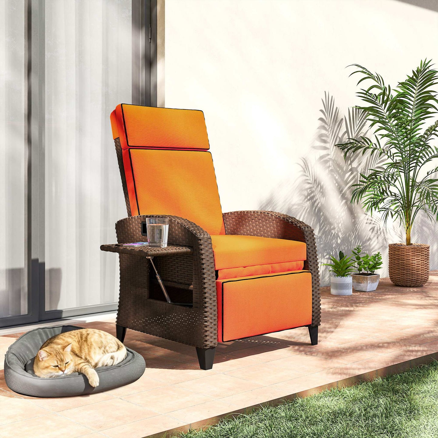 Outsunny Outdoor Garden Recliner Chair With Cushion, Adjustable Backrest And Footrest, Side Tray, Orange