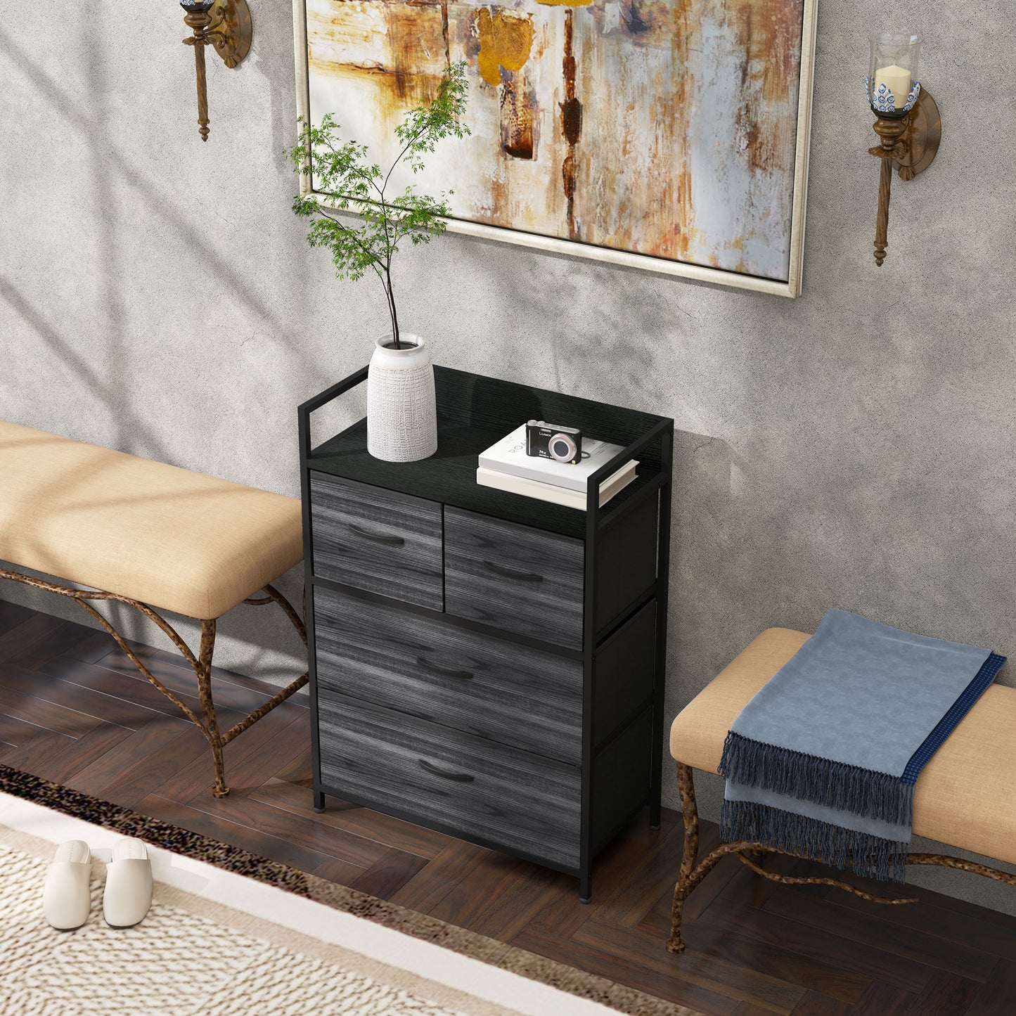 HOMCOM Rustic Chest of Four Fabric Drawers in Black for Bedroom Storage and Organizing Clothes