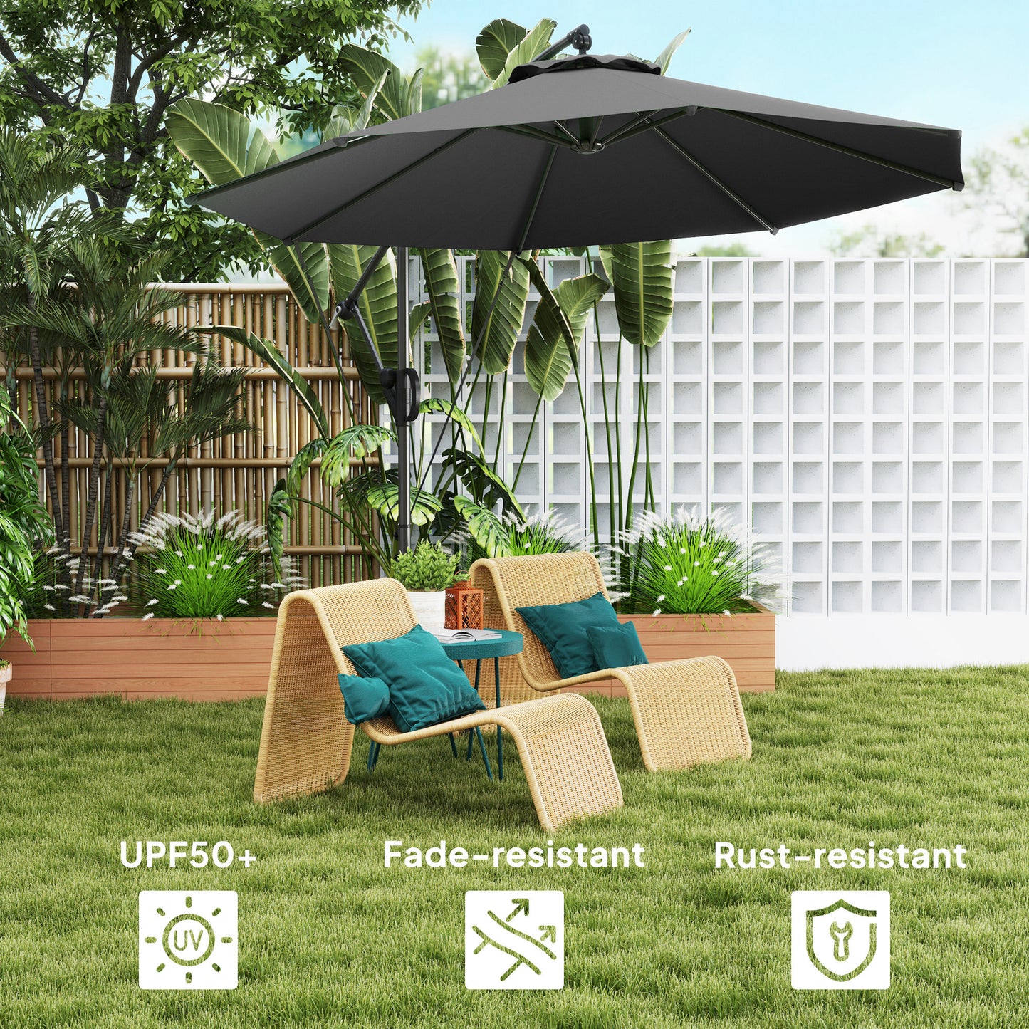 Outsunny 3m Cantilever Garden Parasol With Cover And Wind Straps Round Overhang Umbrella Crank Tilt Grey UPF50 Plus