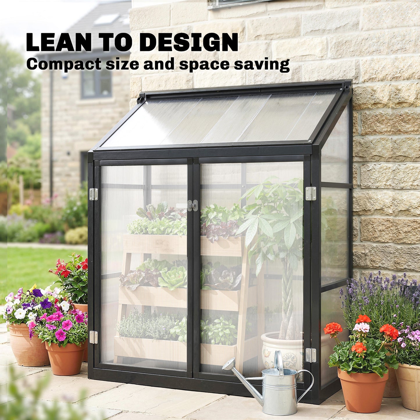Outsunny Polycarbonate Greenhouse With Hinged Door And Top Vent For Small Patio 4x2ft Black Lean To Walk In