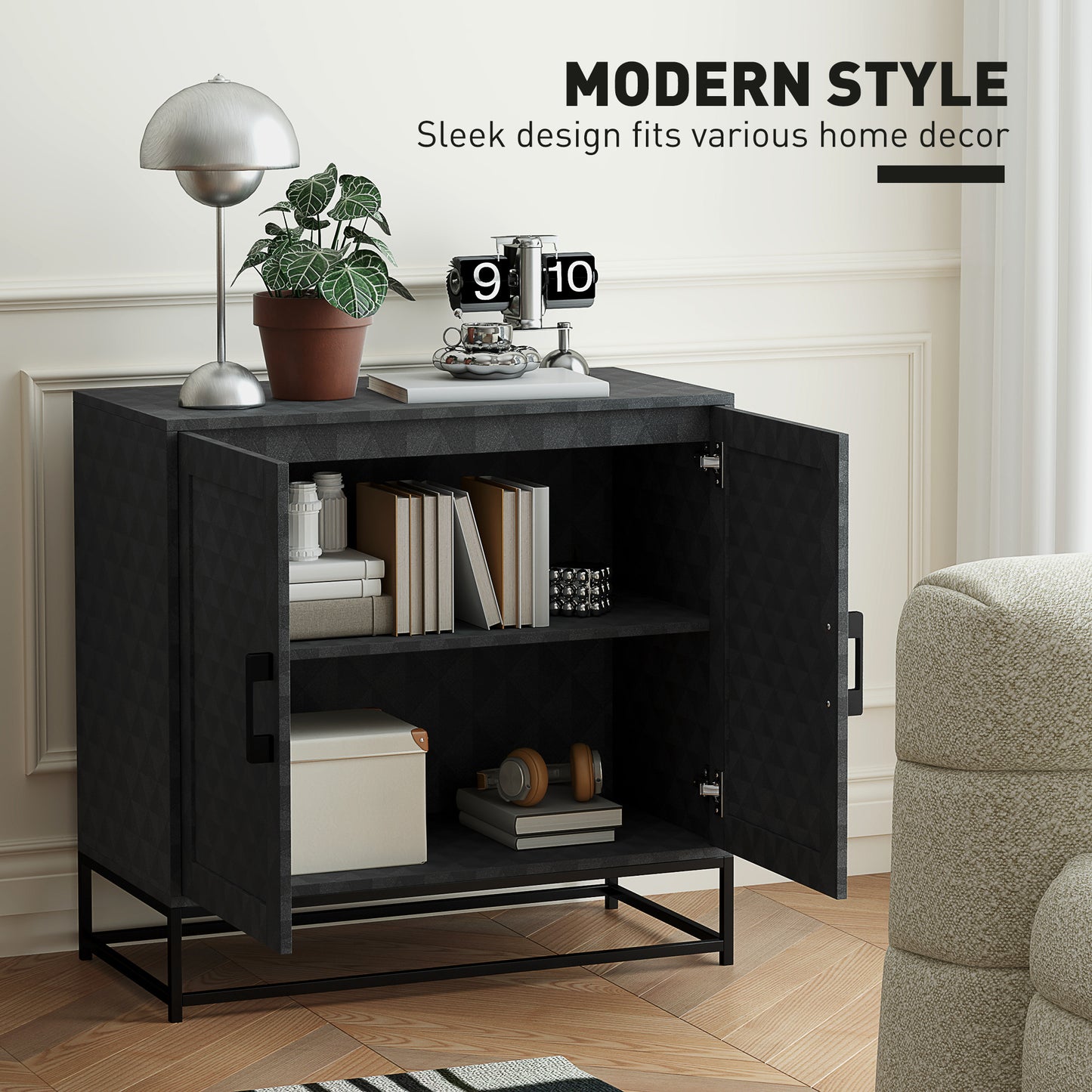 HOMCOM Modern Sideboard Freestanding Storage Cabinet With Adjustable Shelf And Two Doors For Living Room Black
