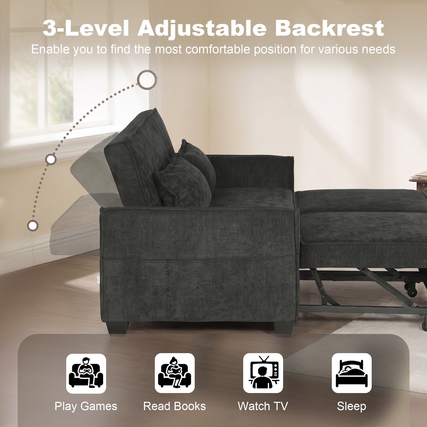 HOMCOM 2 Seater Sofa Bed 4 In 1 L Shaped Convertible Pull Out Sleeper With Adjustable Back And Side Pockets Black