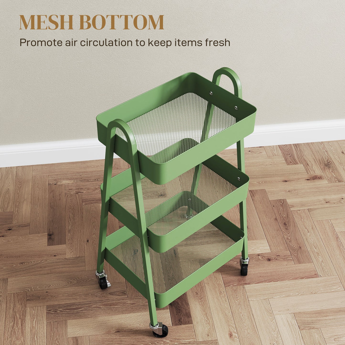 HOMCOM Three Tier Storage Trolley On Wheels With Mesh Trays Four Wheels And Brakes Green