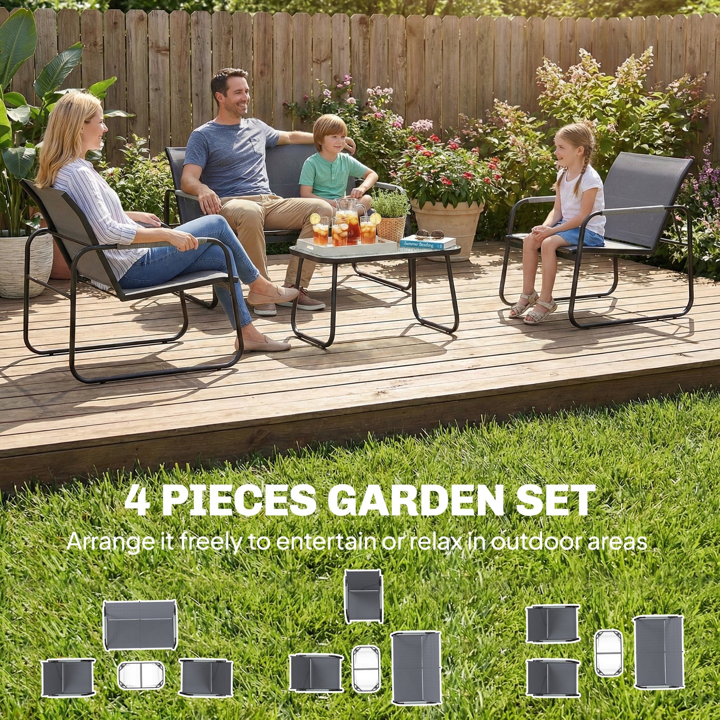 Outsunny 4 Piece Garden Furniture Set With Loveseat And Two Armchairs Grey Tempered Glass Coffee Table For Balcony