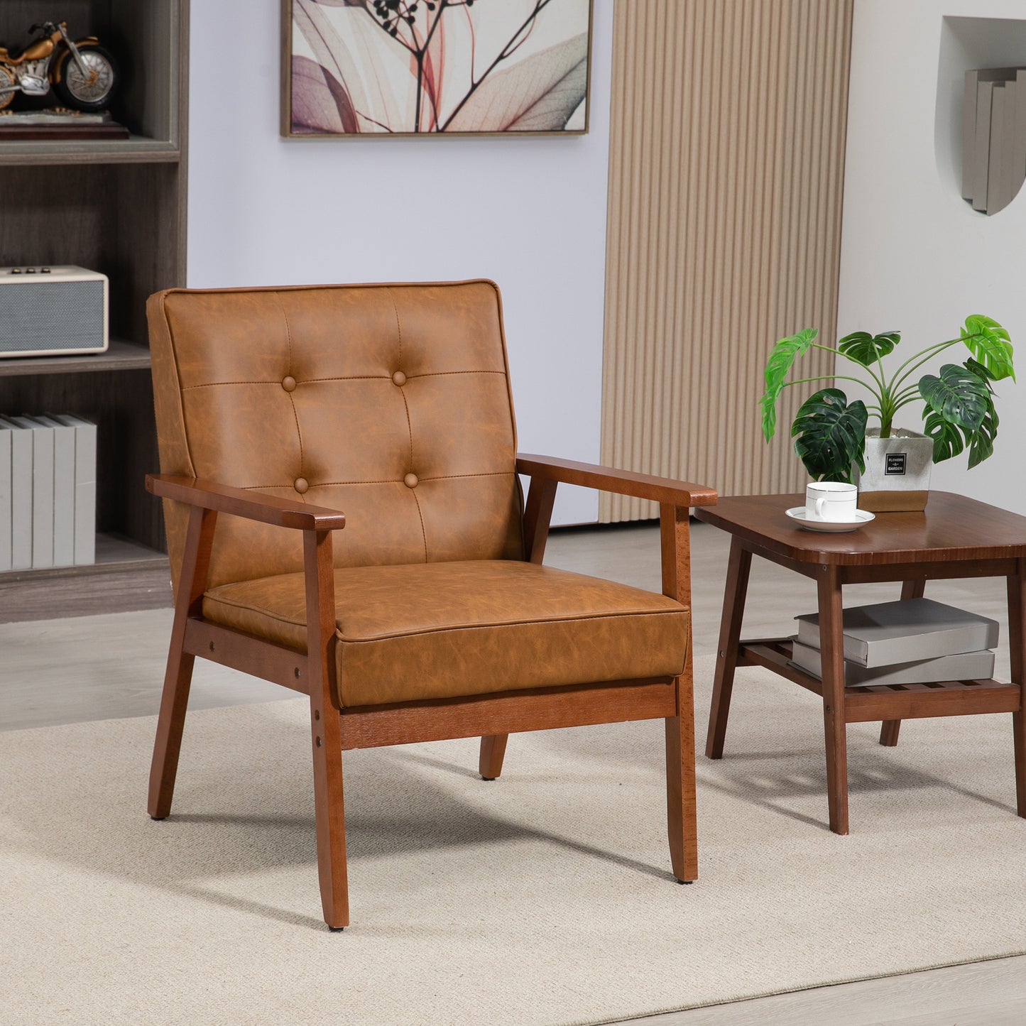 HOMCOM Retro Style Accent Chair With Faux Leather Seat Brown For Living Room Or Office Lounge Chair