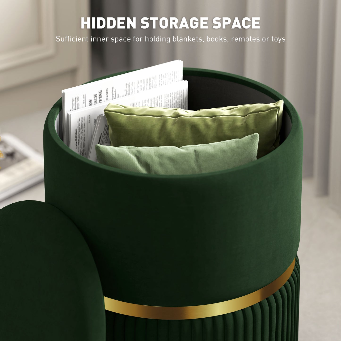HOMCOM Velvet Feel Storage Ottoman Green With Hidden Under Seat Storage And Solid MDF Frame
